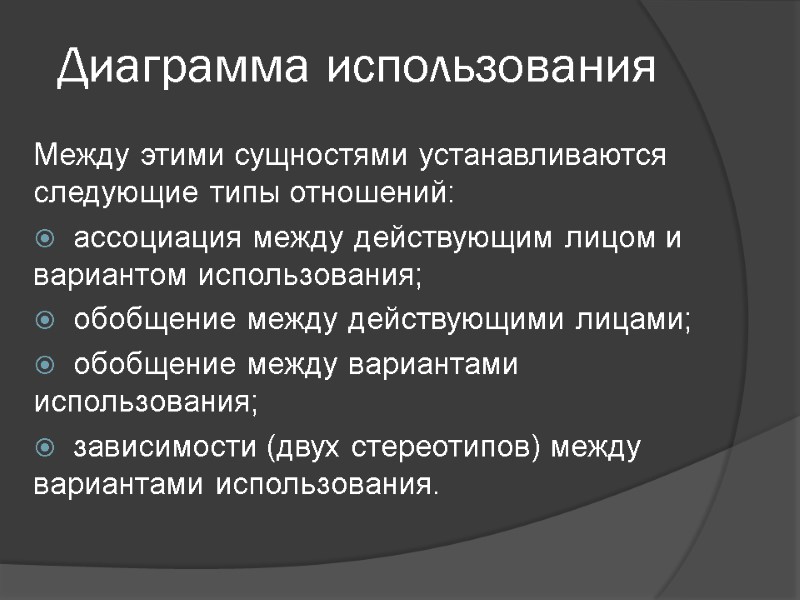 Диаграмма использования Между этими сущностями устанавливаются следующие типы отношений: ассоциация между действующим лицом и